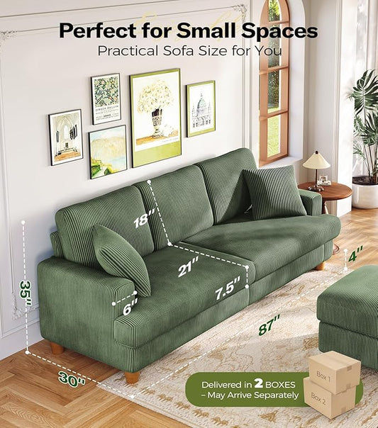 Kidirect 87in U Shaped Couch, Modular Sofa No Tool Assembly, Comfy Sectional Couches for Living Room 21in Deeper Seats, Corduroy Sofas for Living Room with 2 Pillows, Loveseat Sofa Set, Green Couch