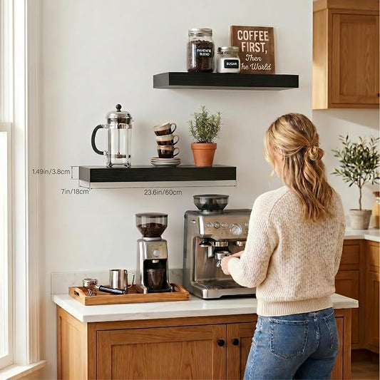 24 Inch Black Floating Shelves for Bathroom Storage, Wall Mounted Wood Shelves for Bedroom, Living Room & Kitchen, Modern Display Shelves Set of 2