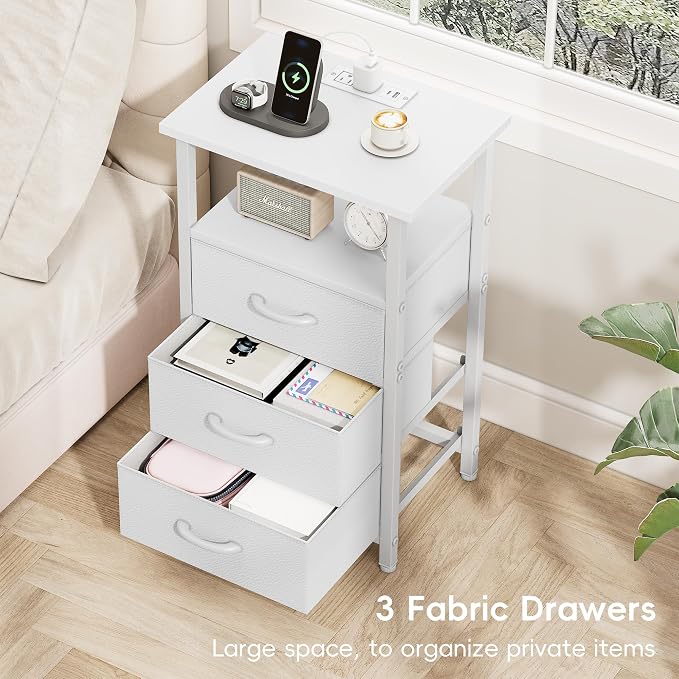 Vagusicc Night stand Set 2 with Charging Station, LED Nightstand for Bedroom, White Bedside Table with 3 Fabric Drawer, End Table Side Table with USB Ports & Outlets, Bed Side Table for Bedroom, White