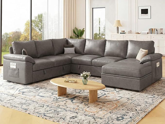 108 Inch Faux Leather Modular Sectional Sofa with Pull Out Bed,U Shaped 7 Seat Sectional Sleeper Sofa with Storage,Sectional Couches for Living Room,Cloud Modular Couch,Gray Leather