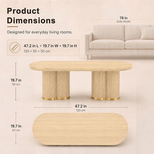 YOSHOOT Oval Fluted Coffee Tables for Living Room, 47" Wood Coffee Table | Modern Coffee Table for Living Room Home Office, Farmhouse Center Table, Oak