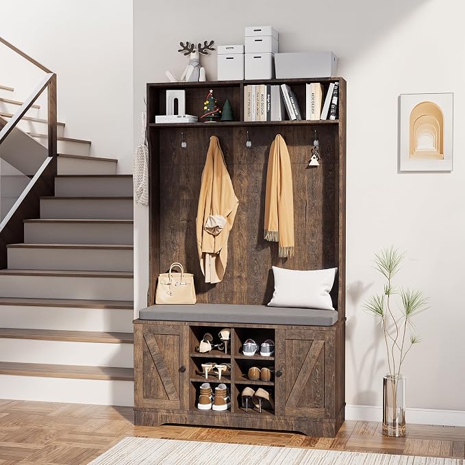 71" Hall Tree with Bench and Shoe Storage, Entryway Hall Tree with 2 Doors and 6 Adjustable Shelves, Cushioned Storage Bench with Coat Rack for Hallway, Living Room, Mudroom