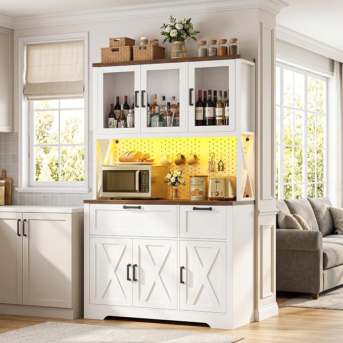 Unikito 71" Tall Pantry Cabinet, Kitchen Pantry Storage Cabinet with Charging Station & LED Lights, Freestanding Microwave Stand Coffee Bar Hutch with Drawers & DIY Pegboard for Dining Room, White