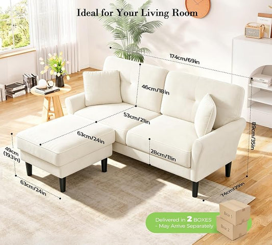 Kidirect Small Sectional Couch, 69" L Shaped Couch, Sectional Sofa, White | Comfy Velvet Couch, Tool-Free Setup, 750lb Max Load, Movable Ottoman, Ideal for Living Room, Bedroom, Apartment, Office