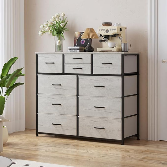 LUMTOK 10-Drawer Dresser, Fabric Storage Tower with Drawers for Bedroom, Dresser Drawer with Handle for Bedroom, Living Room, Hallway, Closets & Nurseryteel Frame, Wood Top (10 Drawer/Greige)