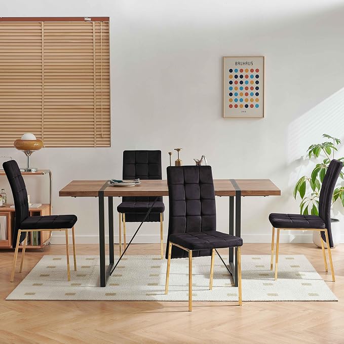 NORDICANA Upholstered Velvet Dining Chairs Classic Kitchen High Back Dinette Chairs Set of 4, Featured Dovetail Tufted Side Chairs, Golden Color Metal Legs, Black