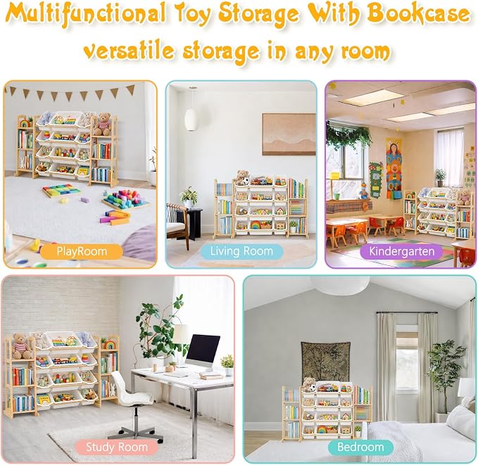 Toy Storage Organizer with Bookshelf – Wooden Toy Organizer with 12 Toy Bins & 6 Tier Bookcase,Quick Assembly Kids Bookshelf,Toy Bin for Playroom, Bedroom, Nursery– White
