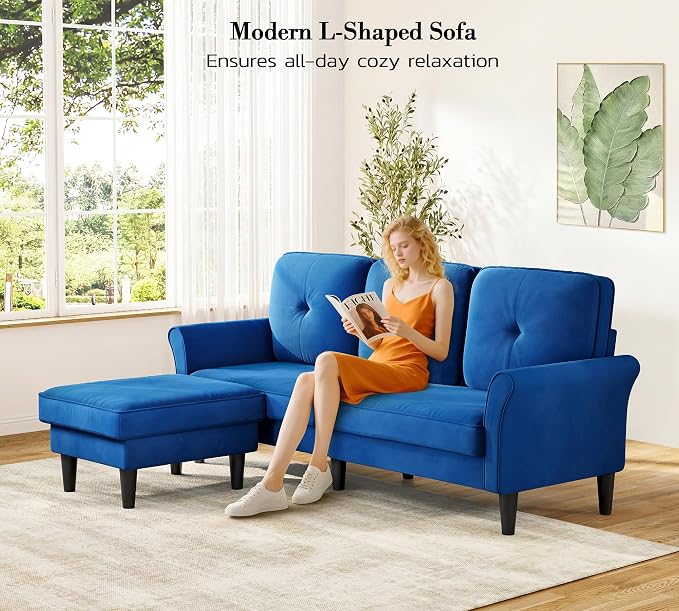 Kidirect Small Sectional Couch, 83" L Shaped Couch, Comfy Velvet Couches for Living Room, Tool-Free Setup Modular Sectional Sofa, 850lbs Load Sofas for Living Room with 1 Movable Ottoman, Blue Couch
