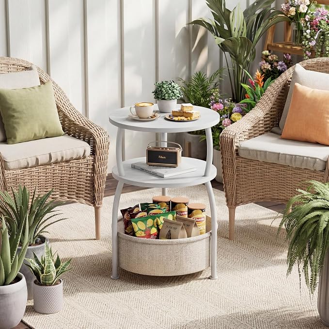 Round Side Table with Storage Basket, End Table Living Room, 15.7in | Side Tables Bedroom, 3-Tier Small End Table for Living Room, Garden, Corner Tables,Small spaces,Wooden, 24in Tall