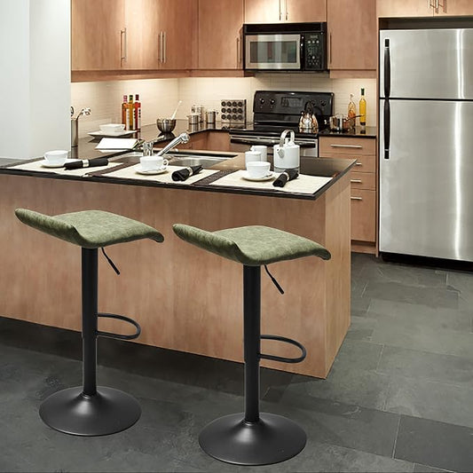 Finnhomy Bar Stools Set of 2 Counter Height, Swivel Barstools with Footrest and Backless, Height Adjustable Modern Bar stools for Kitchen, Vintage Leather, Retro Green