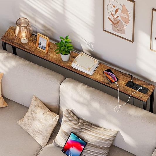 HOOBRO 47.2" Narrow Console Table with Power Outlet, 5.9" Behind Couch Table with Charging Station, Long Sofa Side Table, Skinny Entryway Table for Living Room, Hallway, Foyer, Rustic Brown BF15XG01G1