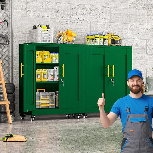 35.4" Metal Garage Storage Cabinet with Wheels and Locking Doors | Tall Rolling Steel Tool Cabinet with 2 Adjustable Shelves for Garage,Home,Office,Shop (Green, 35.4''H x 27.6''W x13.8''D)