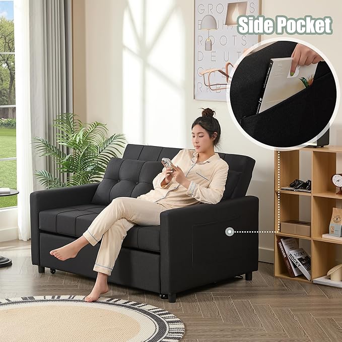 GOSUHI 52" Sleeper Sofa with Pull-Out Bed, 3-in-1 Convertible Sofa Bed, Set of Loveseat with Stepless Adjustable Backrest and Side Pocket, for Living Room Dorm Apartment, Linen, Black