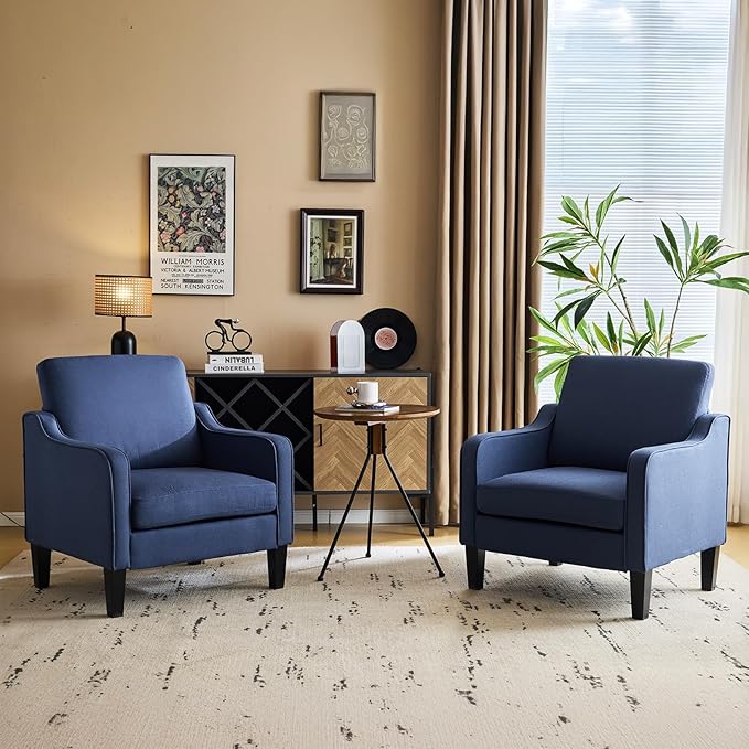 VINGLI Mid century Modern Accent Chair,Navy Blue Fabric Accent Chairs for Living Room Upholstered Armchair with Scooped Arms for Bedroom,Apartment,Studio,Office,Waiting Room