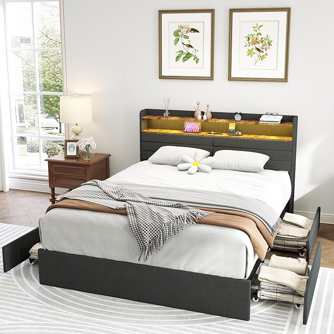 Kiivakii Full Size Bed Frame with 4 Drawers, Heavy Duty Metal Full Bed Frame with LED Lights, Charging Station, Upholstered Headboard, 800LBS Weight Capacity, Noise Free, Gray