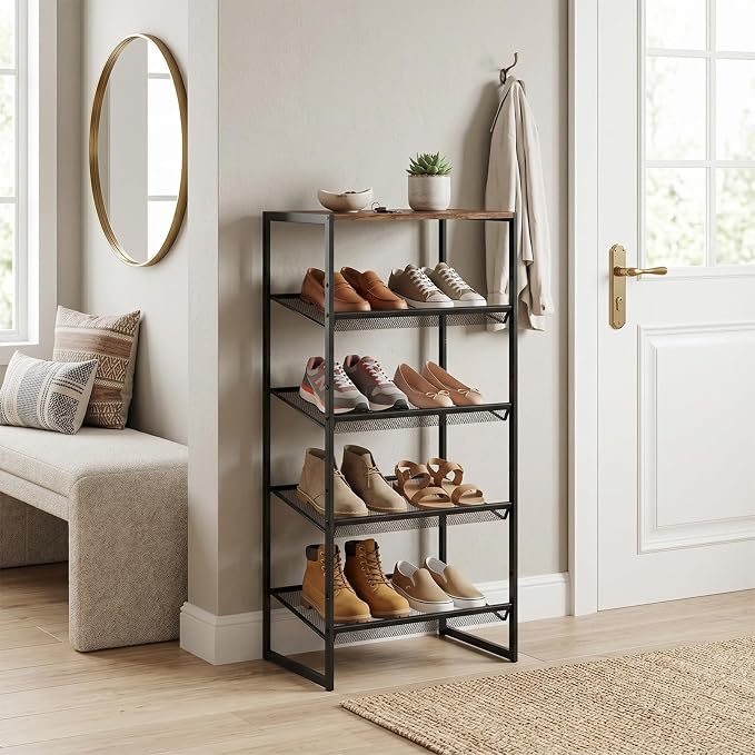 Shoe Rack for Entryway,,5 Tier Shoe Storage Organizer,Sturdy Shoe Shelf,Boot Rack with a Fine Mesh Shelves,for Living Room, Hallway,Small Space,11.8 x 16.5 x 27.9 Inches,Brown
