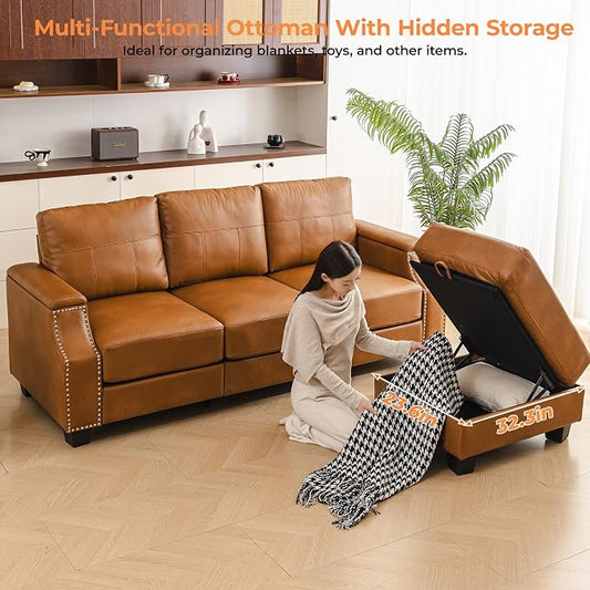 85'' Faux Leather Couch with Armrest Organizer,Sectional Sofa with Storage Movable Ottoman,Solid Wooden Frame,Thick Cushion,3 Seater L Shaped Couches for Living Room,Apartment,Home Furniture,Brown