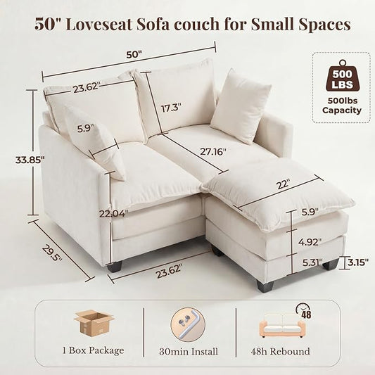 Loveseat Sofa with Ottoman, Cloud 3-Layer Cushion & 27" Deep Seat Modern Small Couch with 2 Washable Pillows for Small Spaces, Bedroom, Apartment, Office, Living Room, in a Box, 50-Inch Beige