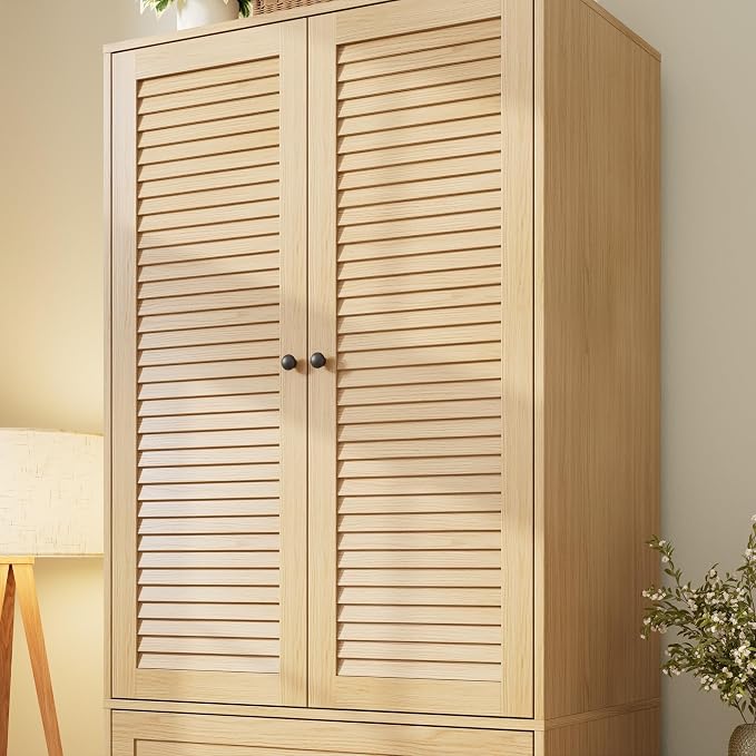 Garvee 70" Wardrobe Armoire Wooden Closet with 2 Doors and 3 Drawers, Bedroom Armoire with Hanging Rod Shelf, Large Capacity Storage Wardrobe Armoire, Freestanding Wooden Closet Storage Cabinet