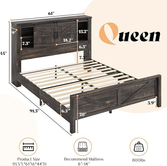 AMERLIFE 4-Piece Farmhouse Bedroom Set in Black Oak, Queen Size Bed Frame with Bookcase Headboard, 5-Drawer Tall Dresser, 47'' Dresser with 4 Drawers, 60" Dresser with 4 Drawers