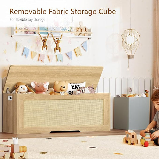 usikey 47.2" Large Storage Chest with Fabric Drawer, Toy Box with Safety Hinges, Extra Wide Storage Bench for Bedroom, Living Room, Entryway, Supports 300 lb