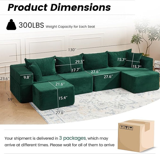HOMREST 131" Cloud Couch Sectional, U Shaped Modern Sofa with 2 Ottomans, Comfy Corduroy Fabric Modular Sectional Sofa in a Box, Boneless Couches for Living Room, No Assembly Required (Green)