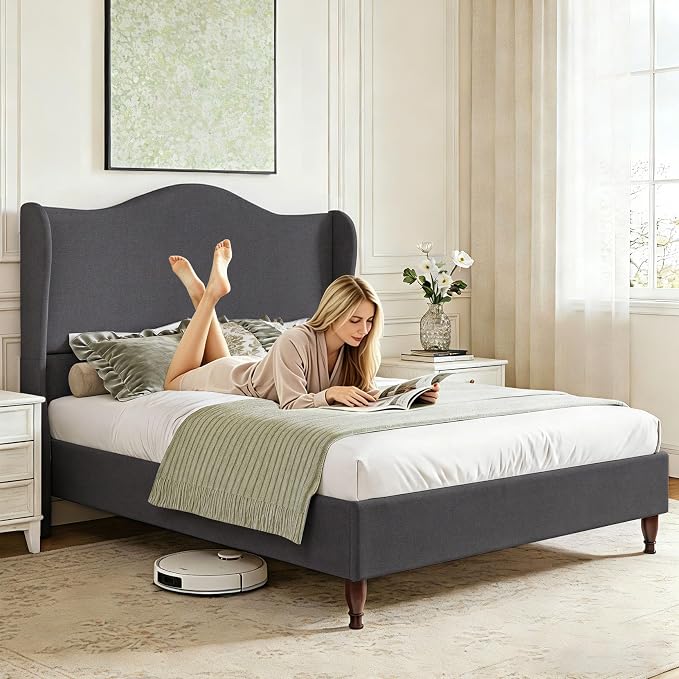 Welzona Queen Size Bed Frame 51" Tall Wingback Headboard, Soft Fabric Upholstered Platform Bed with Solid Wood Legs and Wooden Slats Support, No Box Spring Needed, Easy Assembly,Grey