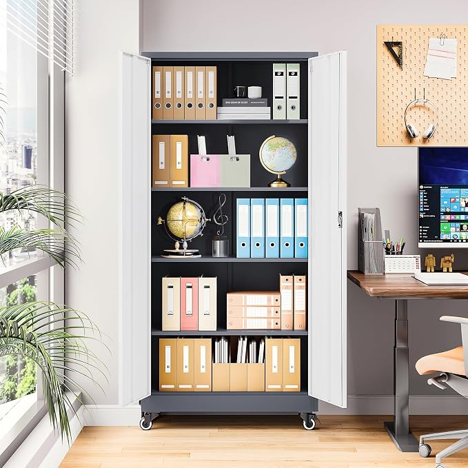 Metal Storage Cabinet with Wheels, Tall Garage Storage Cabinet with 4 Adjustable Shelves and 2 Doors, Lockable Tool Cabinet for Garage Home Office,Gym,School (White-Gray)