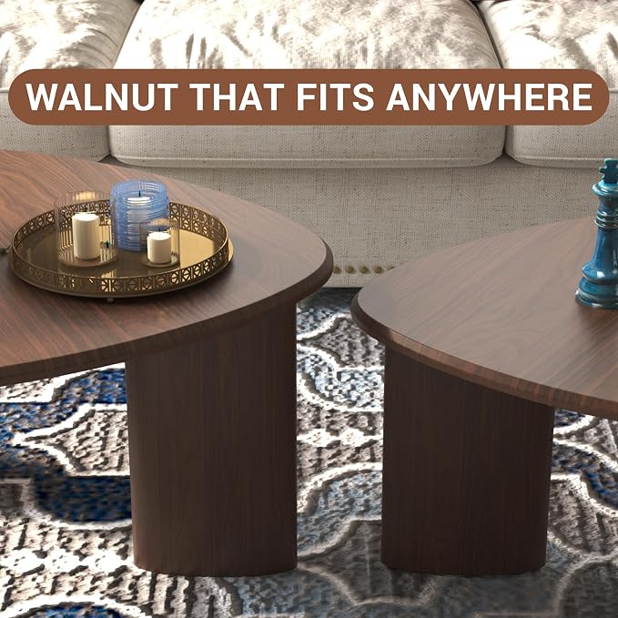 Honyee Nesting Coffee Table Set of 2, Modern Walnut Wood Veneer Coffee Table and Side Table Set for Living Room, Small End Table Set with Flexible Use and Space-Saving Design