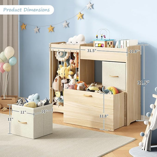 EXPERLAM Toy Storage Organizer with Stuffed Animal Holder, Solid Wood Kids Toy Shelf with 2 Drawers, Rolling Toy Chest and Top Rack, Plush Toy Storage for Bedroom, Playroom, Nursery