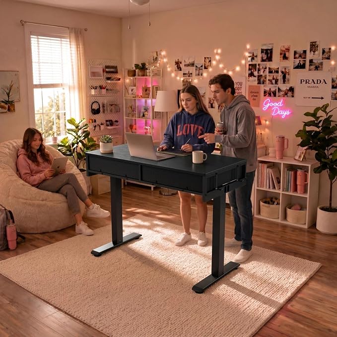 KLUVIS Black Adjustable Desk with Storage, 39 Inch Small Black Desk with Drawers, Small Space Stand Up Computer Desks for Home Office Bedroom, Sit Stand Work Desks for Walking Pad