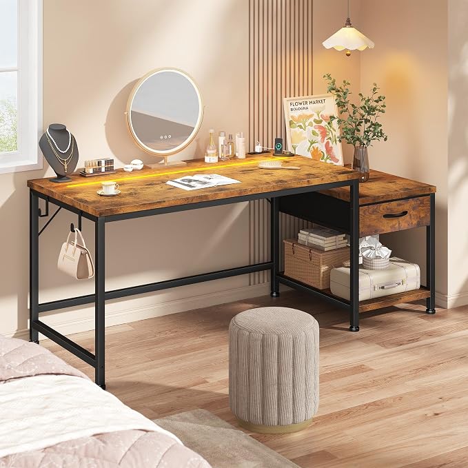 DurayLoly 56" Computer Desk with Printer Shelf & Power Outlets – Reversible Gaming Desk with LED Lights, Drawer & Headphone Hook for Teen Bedroom, Dorm, Home Office, Rustic Brown