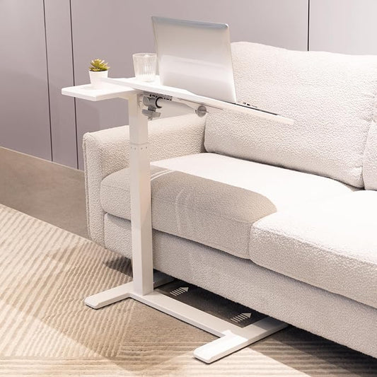 Adjustable Overbed Bedside Table with Hidden Wheels, Pneumatic Tilt Board Rolling Laptop Standing Desk Cart, Mobile Over Bed Sofa Chair Side End Tables, Walnut (White)