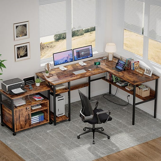 Unikito L Shaped Computer Desk with Magic Power Outlets and USB Charging Port, Sturdy Reversible Corner Desk with Storage Shelves, Modern Work Desk for Home Office, Easy to Assemble, Rustic Brown