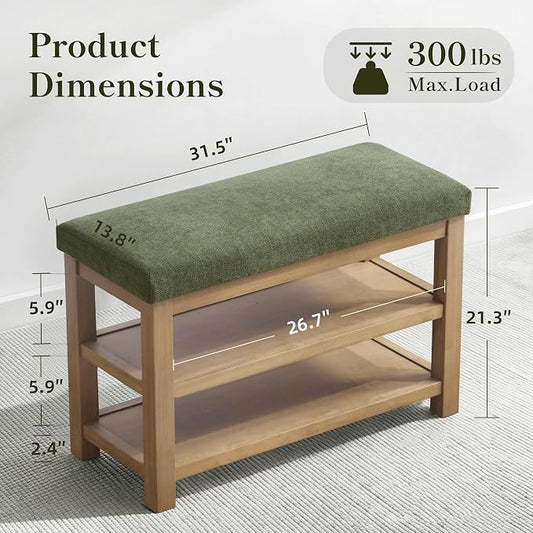 Zihanhome 2 Tier Shoe Rack Bench with Cushion, Solid Wood Shoe Benches, Mid-Century Modern Shoe Storage Bench for Entryway, Hallway, Living Room, Closet, Front Door Entrance, (Green, 31.5")