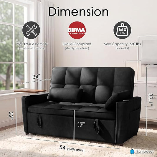 54'' Sleeper Sofa Bed, Convertible Pull Out Couch Futon for for Living Room,Apartment (Black) Side Desk, USB Ports, Cup Hold, Velvet Fabric, Adjustable Backrest, Easy Assembly