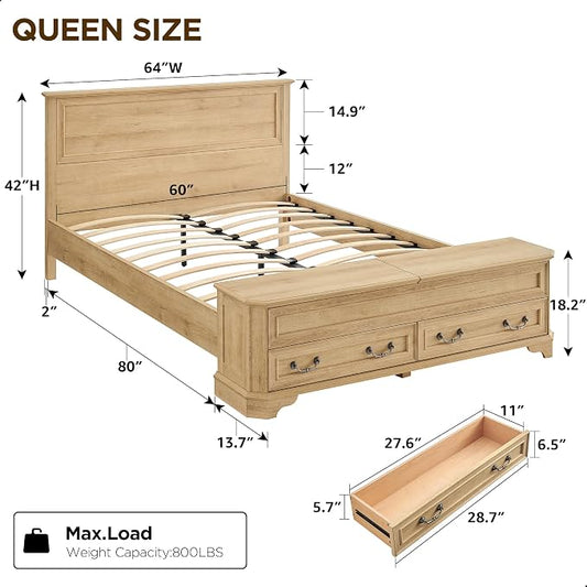 T4TREAM Farmhouse Queen Bed with Headboard and Storage Bench, Rustic Wood Platform Bed with 64" Storage Chest w/ 4 Large Drawer (Natural Oak)