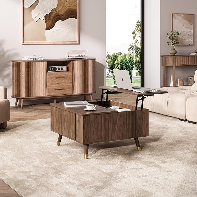 Square Coffee Table with Lift-Top & Flip-Top Storage, 36" Functional Modern Accent Center Table with Solid Wood Legs, Rustic Walnut Coffee Tables for Living Room Small Space or Office