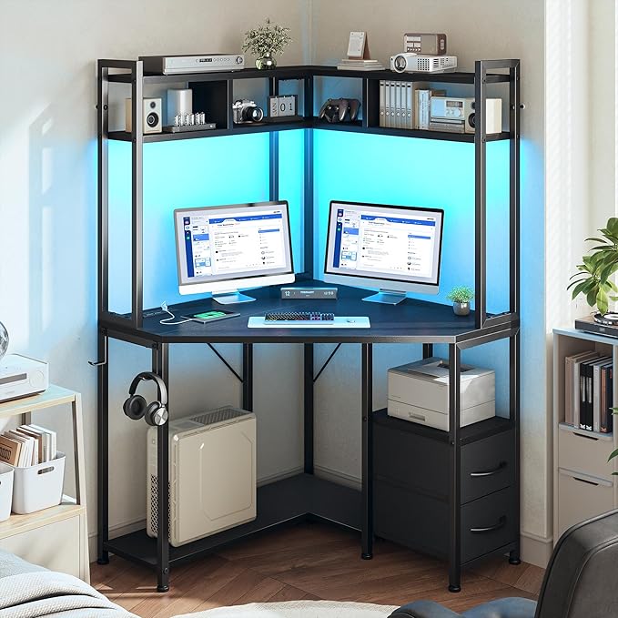 DurayLoly 63" Triangular Corner Desk with Hutch,Ample Storage for Small Room,Spacious 36" W Desktop,2 Fabric Drawers and Bottom Wooden Shelves,Versatile Computer Desk that Meets All Your Needs,Black