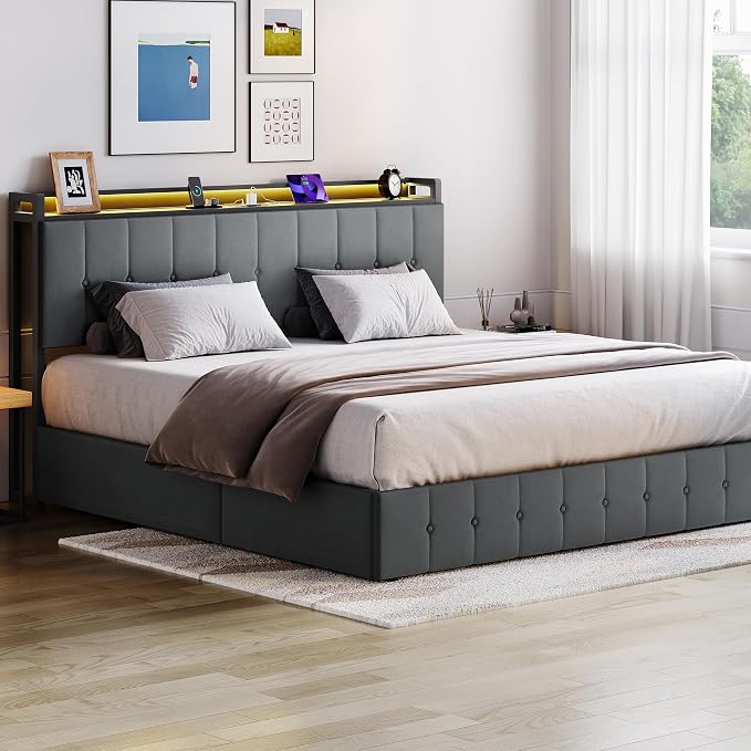 Garvee King Size Lift Up Storage Bed with LED Lights, Upholstered Velvet Bed Frame with Storage Headboard & Charging Station, Metal Platform Bed, No Box Spring Needed, Solid Wooden Slats, Grey