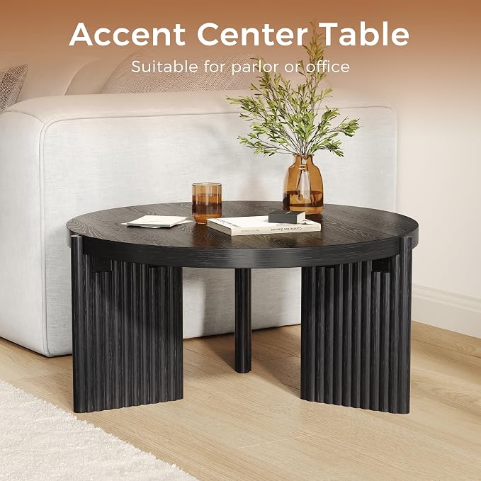 Luoxiao Round Coffee Table, 27.5" Fluted Coffee Tables for Living Room | Small Wood Accent Table for Apartment, Ribbed Base, Sturdy Construction, Easy Assembly, Non-Slip Foot Pads, Modern, Black