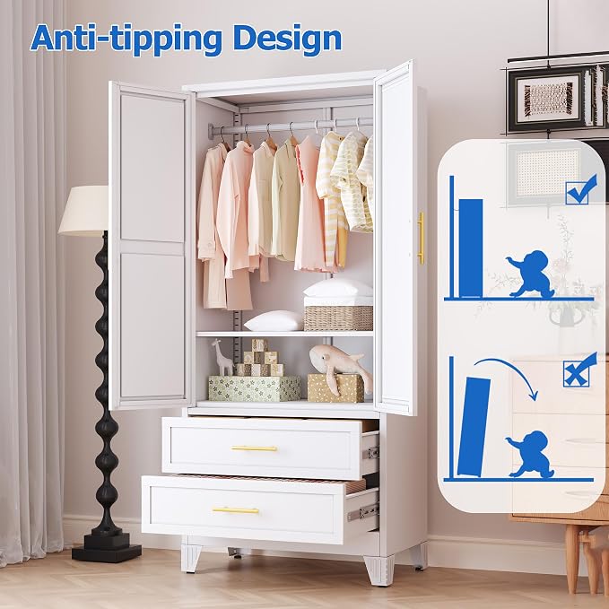 GAIOUS Steel Armoire Wardrobe Closet with Mirror and 2 Drawers 71" White | Clothes Storage Cabinets with 2 Doors, 1 Adjustable Shelf, Metal Wardrobe Cabinet with Hanging Rod for Bedroom, Gym, Cloak