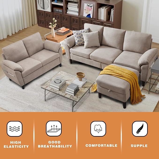 80" Convertible Sectional Sofa Set, Modern Linen Small L Shaped Couch with Reversible Chaise and Loveseat Sofa, 3-Seat Sofa Couches for Living Room, Office, Apartment, Beige