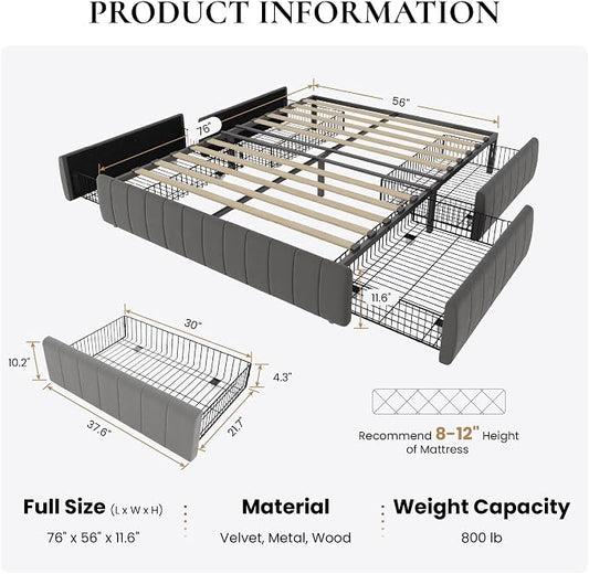 SHA CERLIN Full Size Velvet Upholstered Platform Bed Frame with 4 Storage Drawers, Vertical Channel Tufted, Low Profile, Fits Standard Headboards, Wooden Slats Support, Easy Assembly, Grey