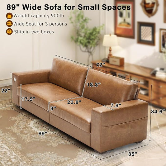 Hanherry Faux Leather 89" Sofa for Living Room, Modern Comfy Sofa with Medium Firm Seat Cushion, Removable Cover,Wide Armrest,USB/Type-C Port,Couches for Small Space,Apartment