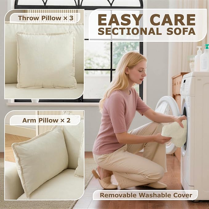 113β Modular Sectional Sofa, L Shaped Cloud Couch with Movable Ottoman, Comfy Chenille Deep Seat Sofa with Throw Pillows, 4 Seat Modern Couches for Living Room Bedroom Apartment, Beige