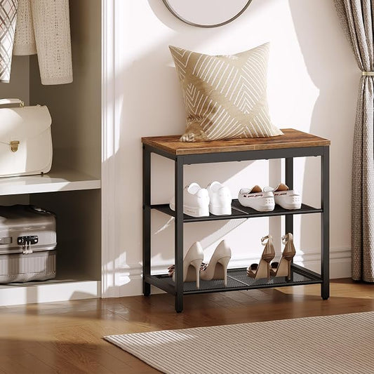HOOBRO Shoe Bench, 3-Tier Shoe Rack, Industrial Shoe Organizer Storage Bench, 19.7 inches Entry Bench with Mesh Shelves, for Entryway, Living Room, Hallway, Easy Assembly, Rustic Brown BF50HX01