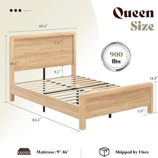 AMERLIFE 3-Piece Modern Fluted Bedroom Furniture Set, Including Wood Queen Size Bed Frame with Headboard & Footboard and Storage Night Stand Set of 2, Wooden Bedframe and Nightstand Sets, Natural Oak