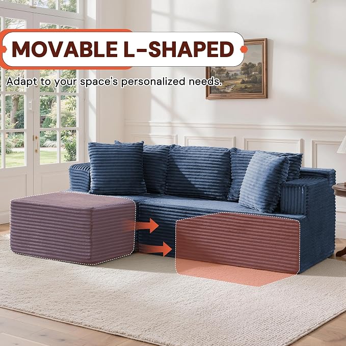 Korser Boneless Couches for Living Room, Cloud Couch Sectional with Ottoman, L-Shaped Sofa with Fluffy Comfy Corduroy Deep Seat, Bedroom, Apartment, No Assembly Required