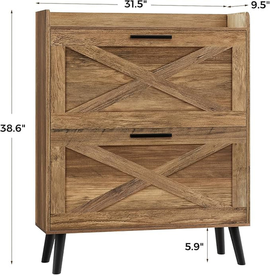 Homleke Farmhouse Shoe Storage Cabinet with Flip Drawers & Barn Door Design | Slim Narrow Shoe Rack Cabinet with Adjustable Shelves & Hidden Storage for Entryway, Hallway, Living Room, Rustic Walnut